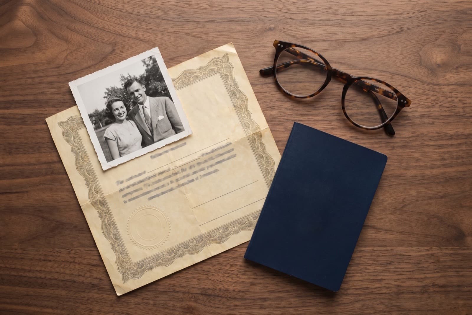 Vintage black-and-white photograph of a couple on an aged civil certificate next to reading glasses and a passport on a walnut desk