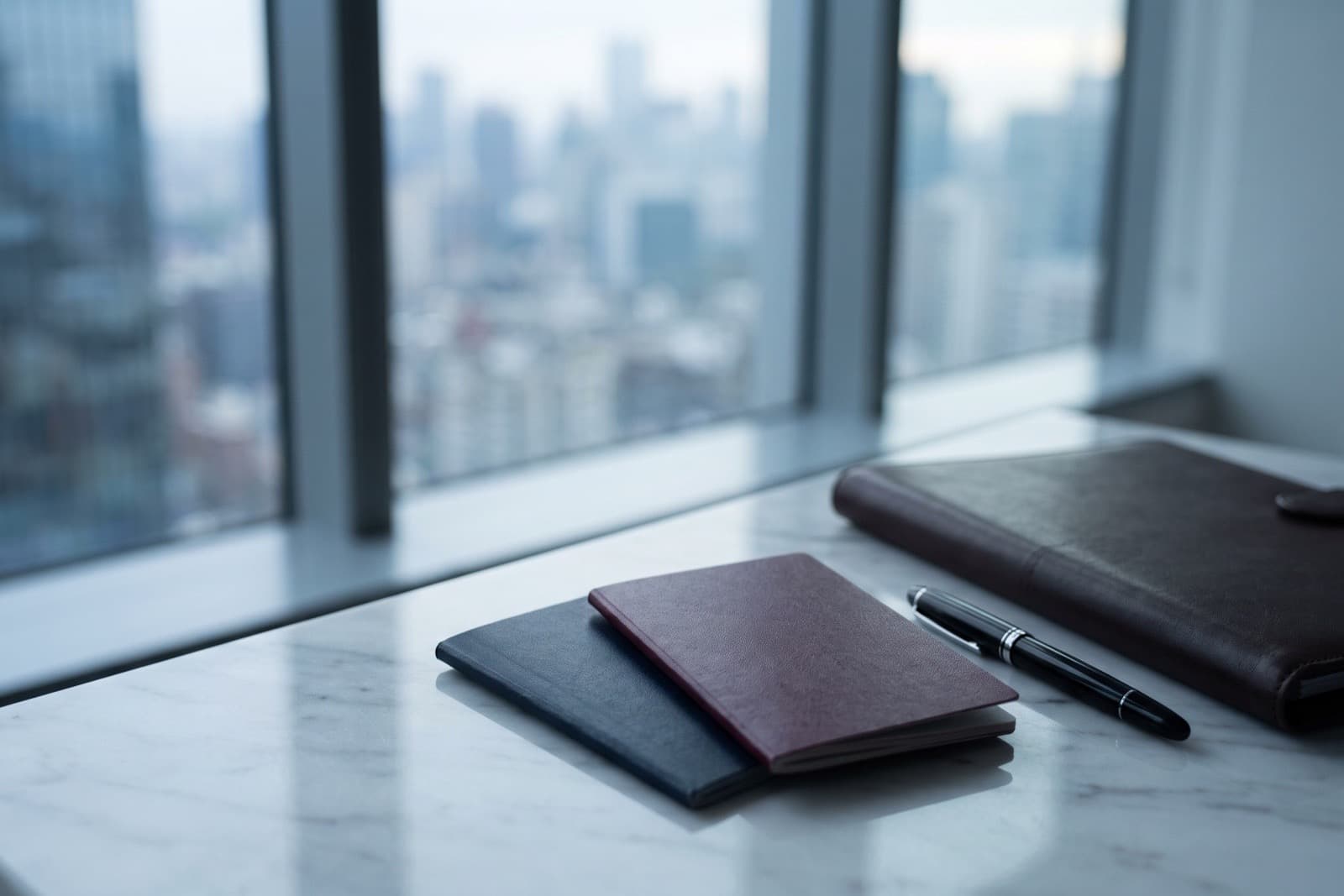 Two closed passports in navy and burgundy beside a fountain pen and a leather folder on a marble desk with a city skyline behind