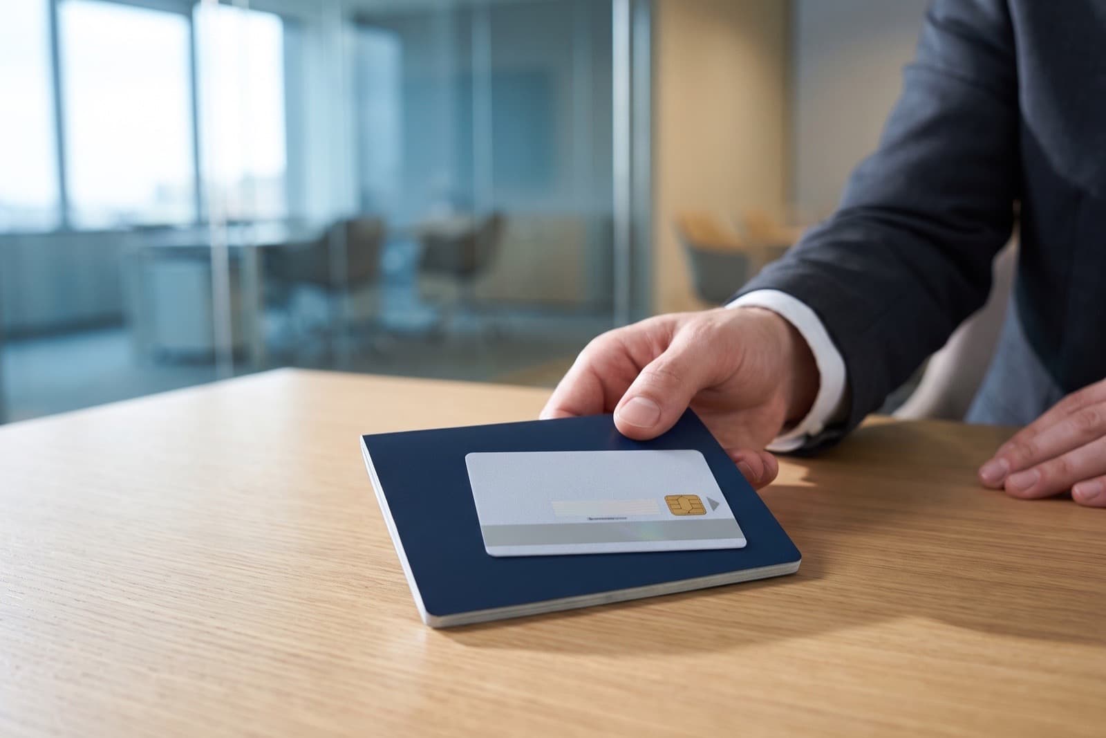 Advisor in a dark suit sliding a closed passport with a residence card across an oak desk in a bright office