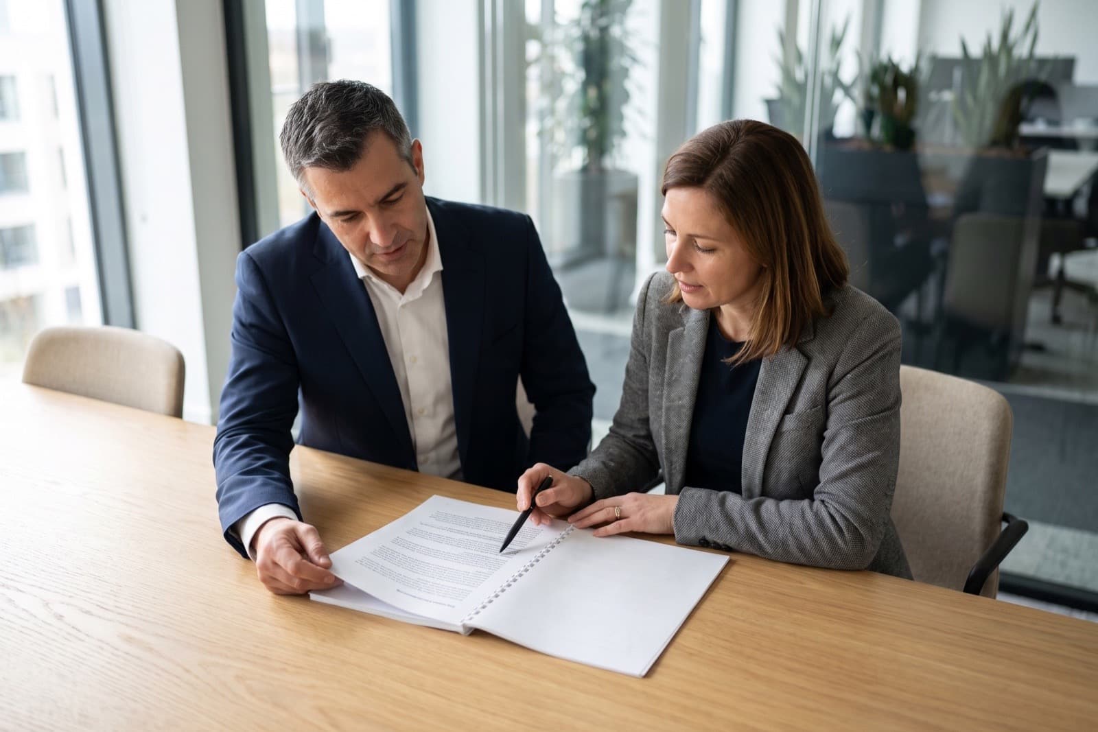 Two professionals reviewing a set of incorporation documents together at a light oak table in a modern office