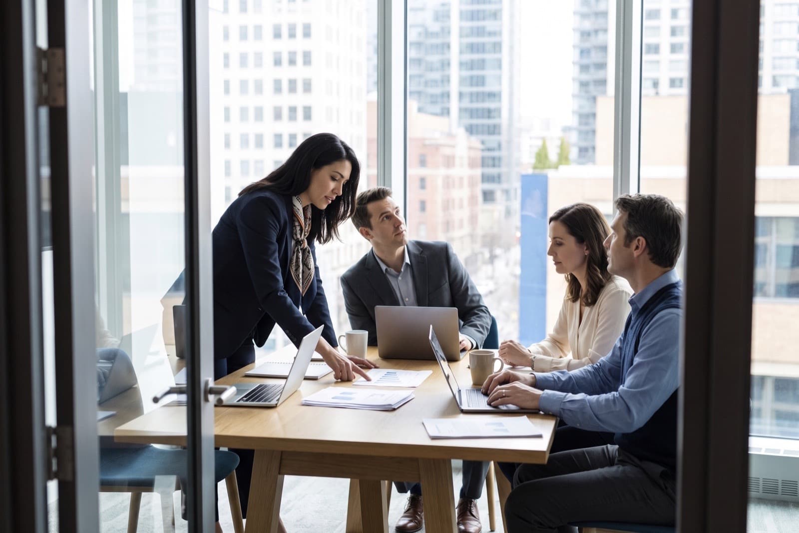 Roots Global lawyers and relocation managers reviewing an application file in a glass-walled meeting room