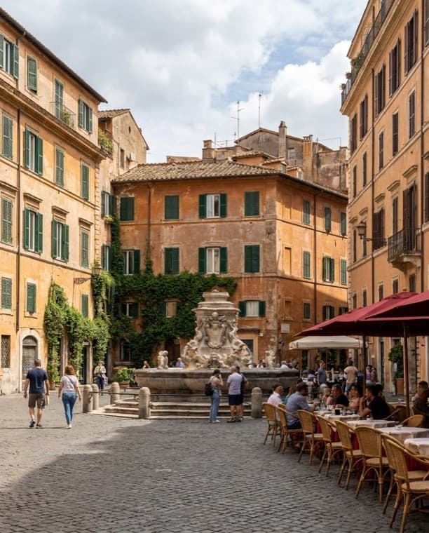 Piazza with a fountain and café tables in Rome