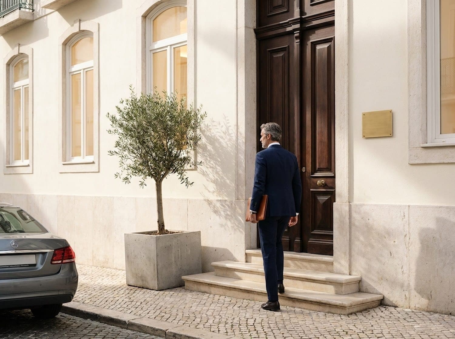 Man in a navy suit with a leather folio climbing the steps to a dark wood bank door with a brass plaque