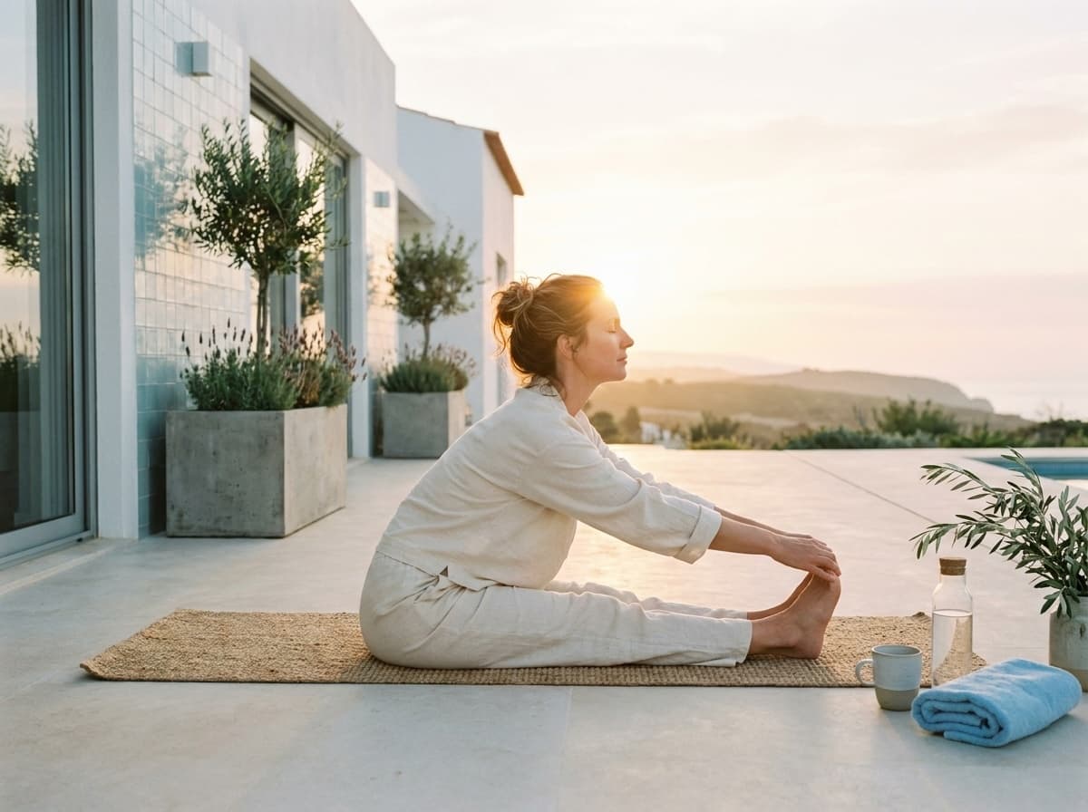 Woman in cream linen stretching on a terrace at sunrise with the sea and hills behind
