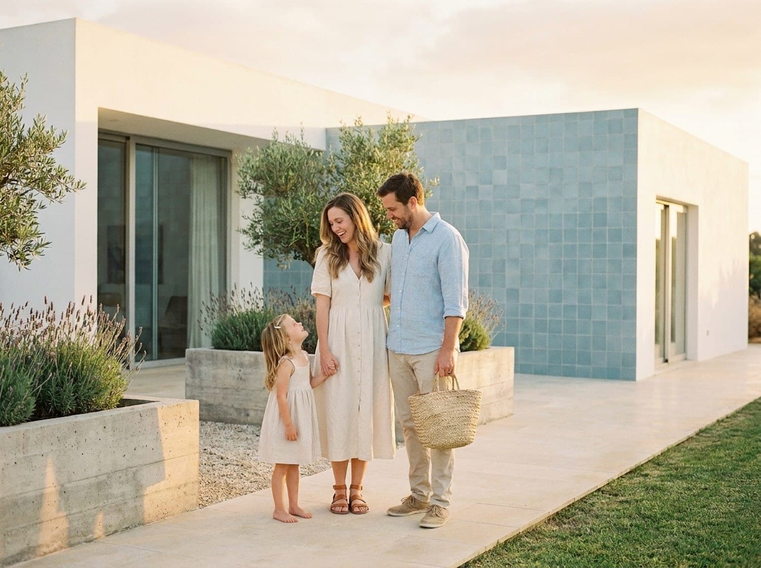 Young family of three in front of a white modern villa with a pale-blue tiled wall at golden hour