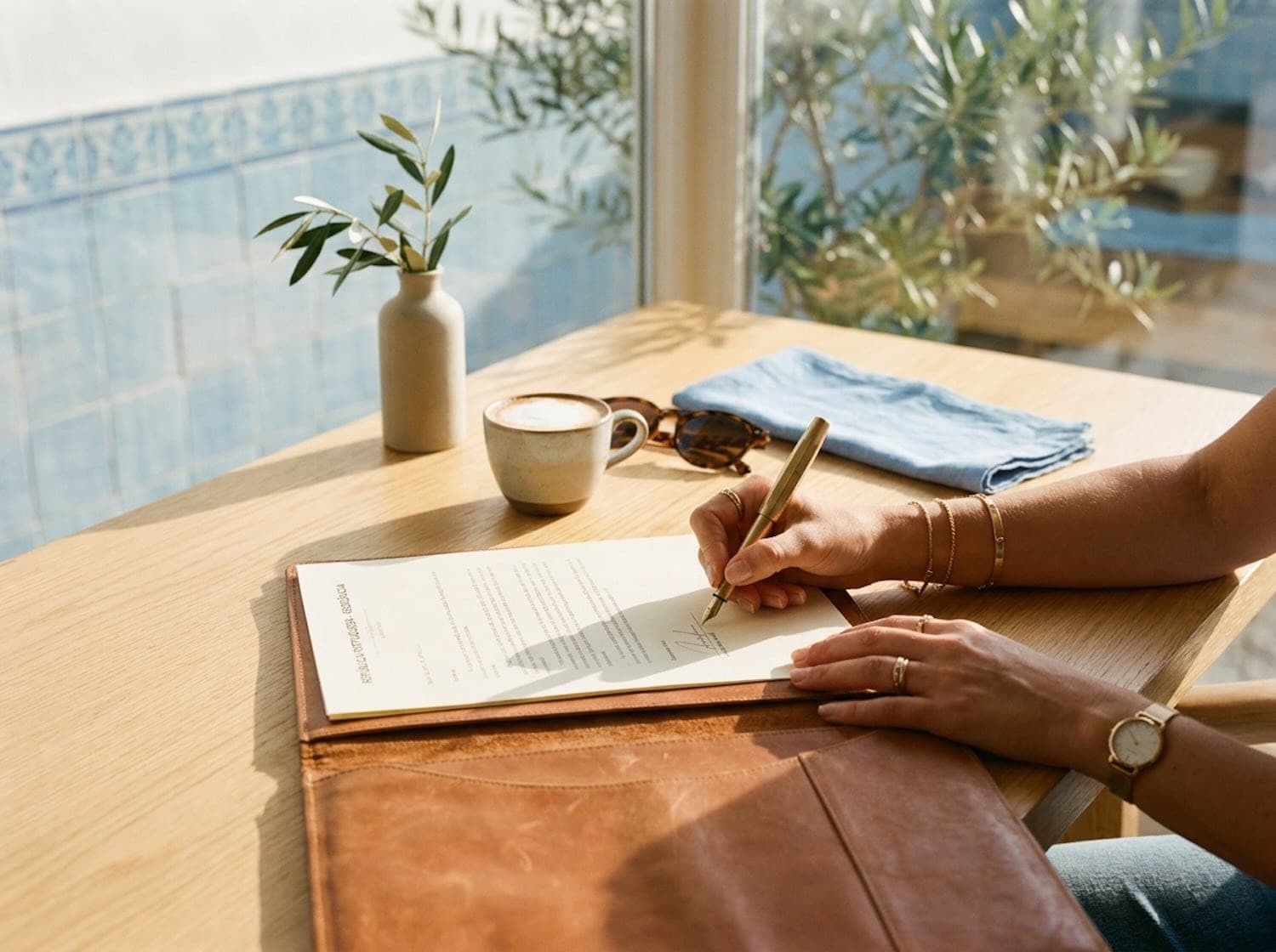 Close-up of a woman's hands signing a document in a tan leather folio with a brass pen on an oak table