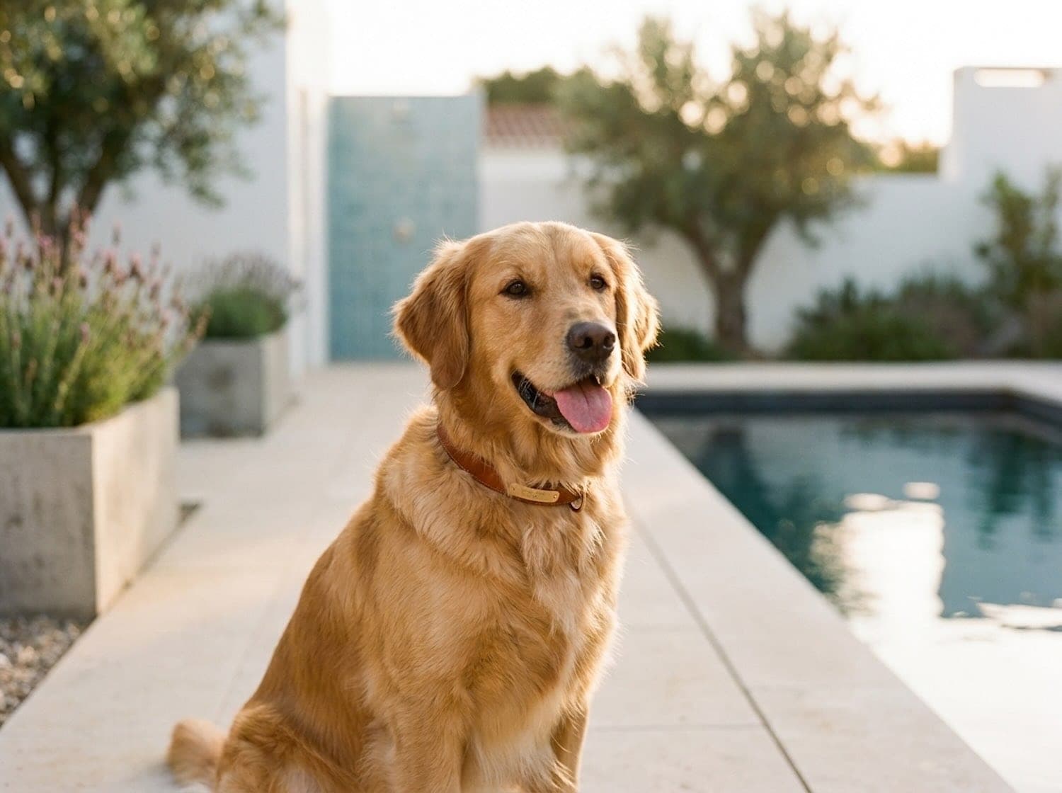 Golden retriever seated on pale stone beside a pool with white walls and olive trees behind