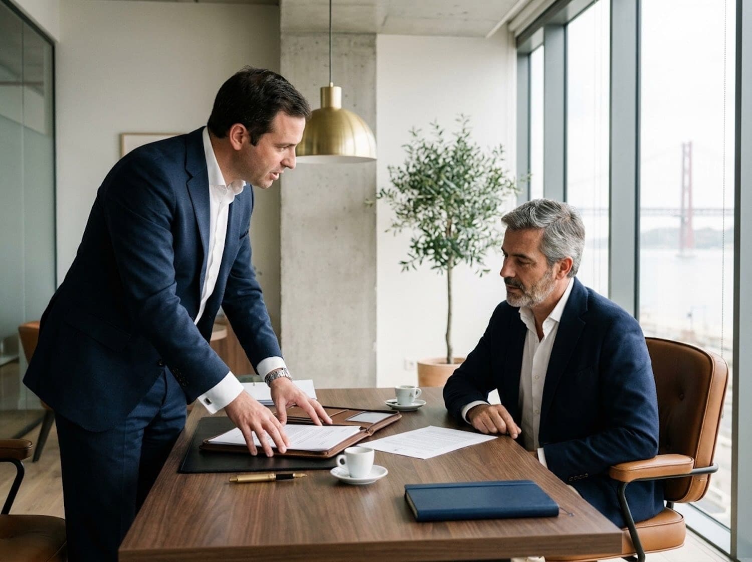 Two advisors in navy suits reviewing documents at a walnut desk in a bright Lisbon office