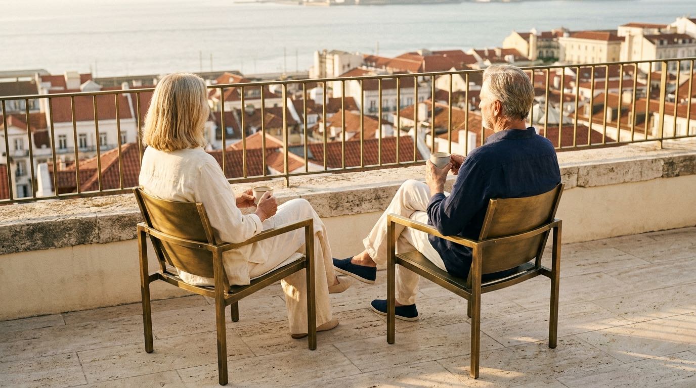 An anonymous retired couple sits with morning coffee on a Lisbon terrace overlooking terracotta rooftops at golden hour.