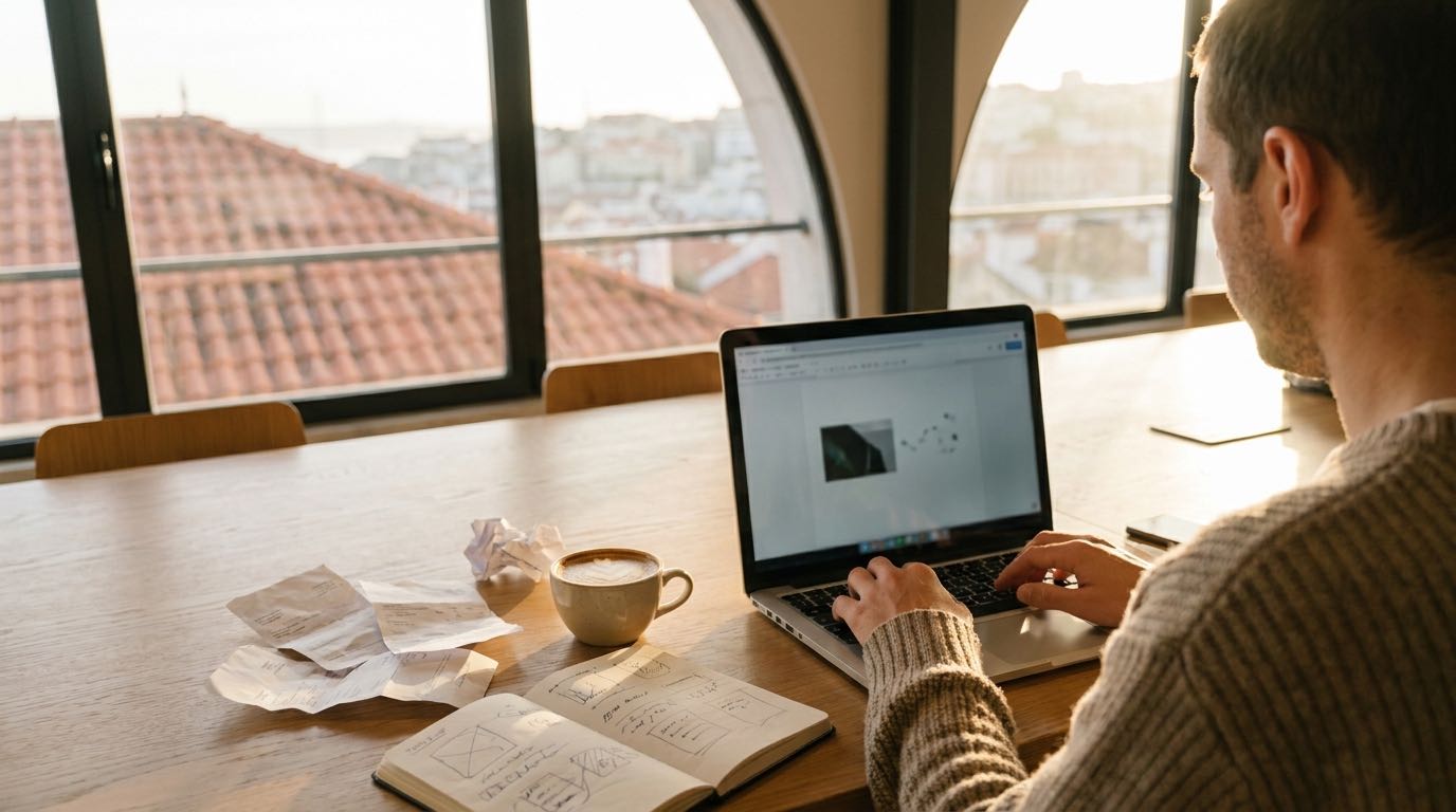 An anonymous freelancer works on a laptop at a sunlit Lisbon co-working table with invoices and a coffee, seen over the shoulder.