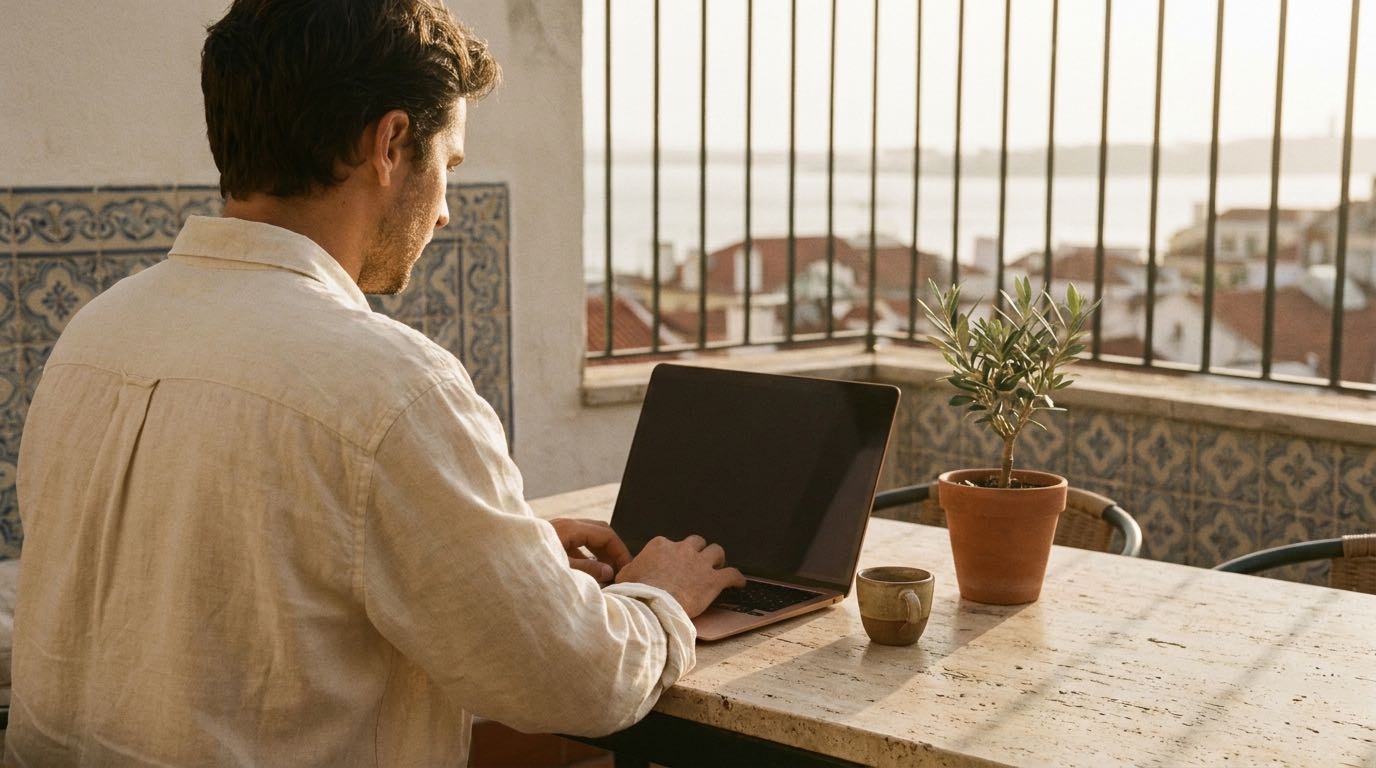 An anonymous remote worker sits with a laptop on a Lisbon terrace at golden hour, the Tagus river behind.