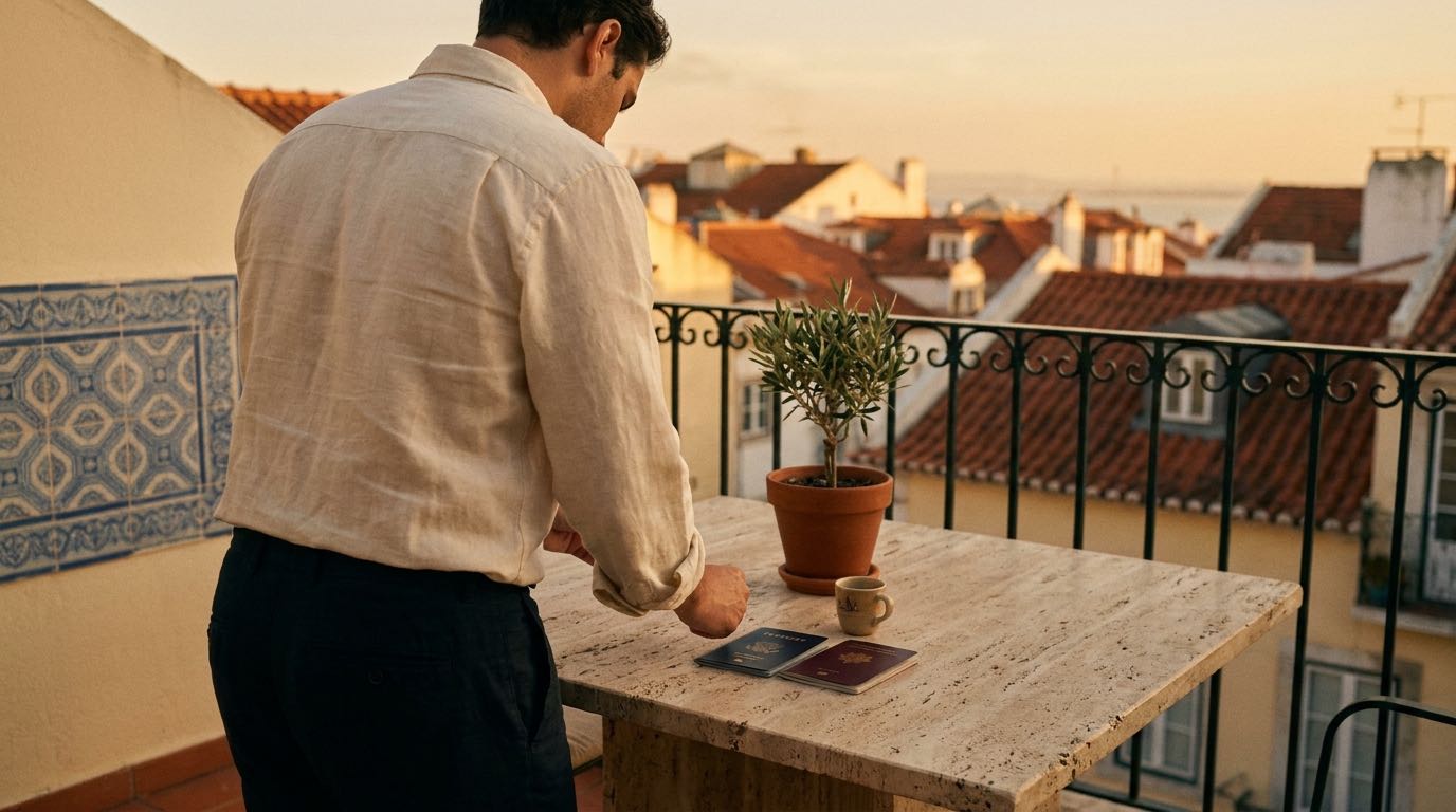 An anonymous traveller holds a US passport and a burgundy Portuguese passport side by side on a sunlit Lisbon terrace.