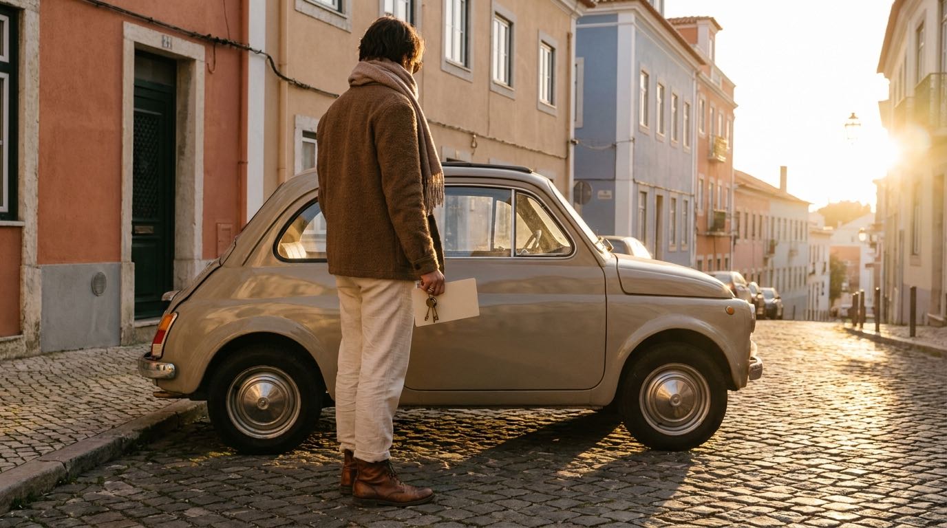 An anonymous driver holds a US driver's license and car keys beside a small car on a sunlit Lisbon street at golden hour.