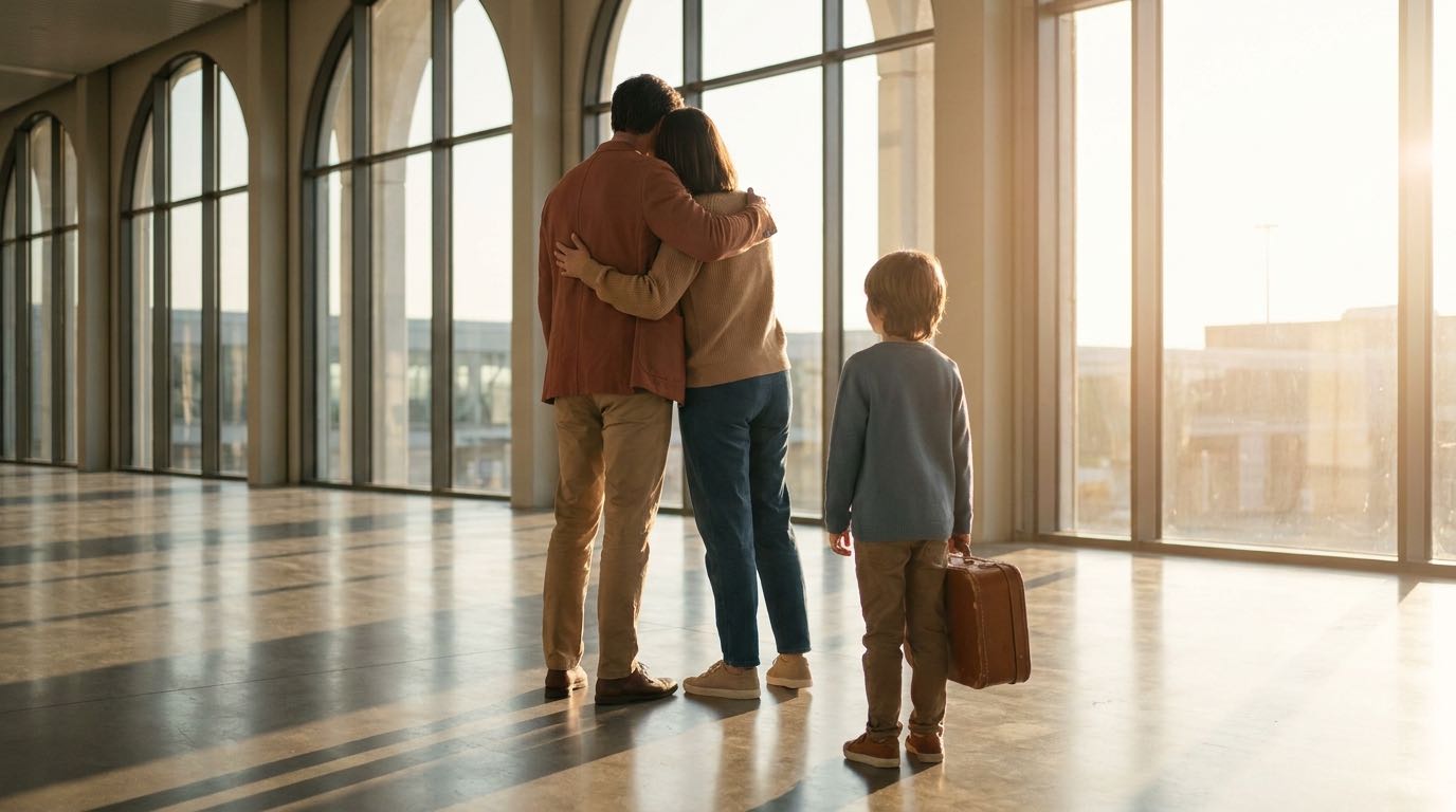 An anonymous family reunites with a warm embrace at a sunlit Lisbon arrivals hall, seen from behind.