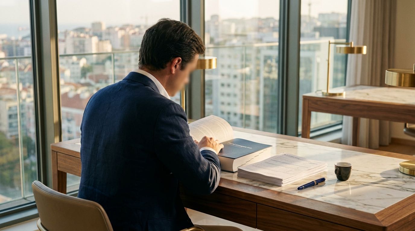 An anonymous investor reviews US retirement statements and Portuguese fund papers at a desk with a Lisbon skyline behind at golden hour.