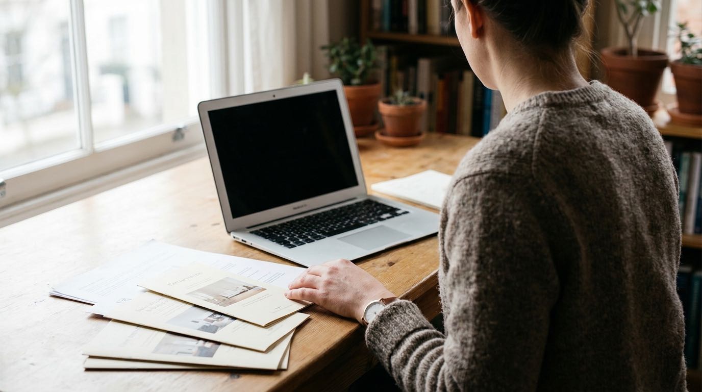 A couple compares Golden Visa advisor options and documents at a desk before choosing one.