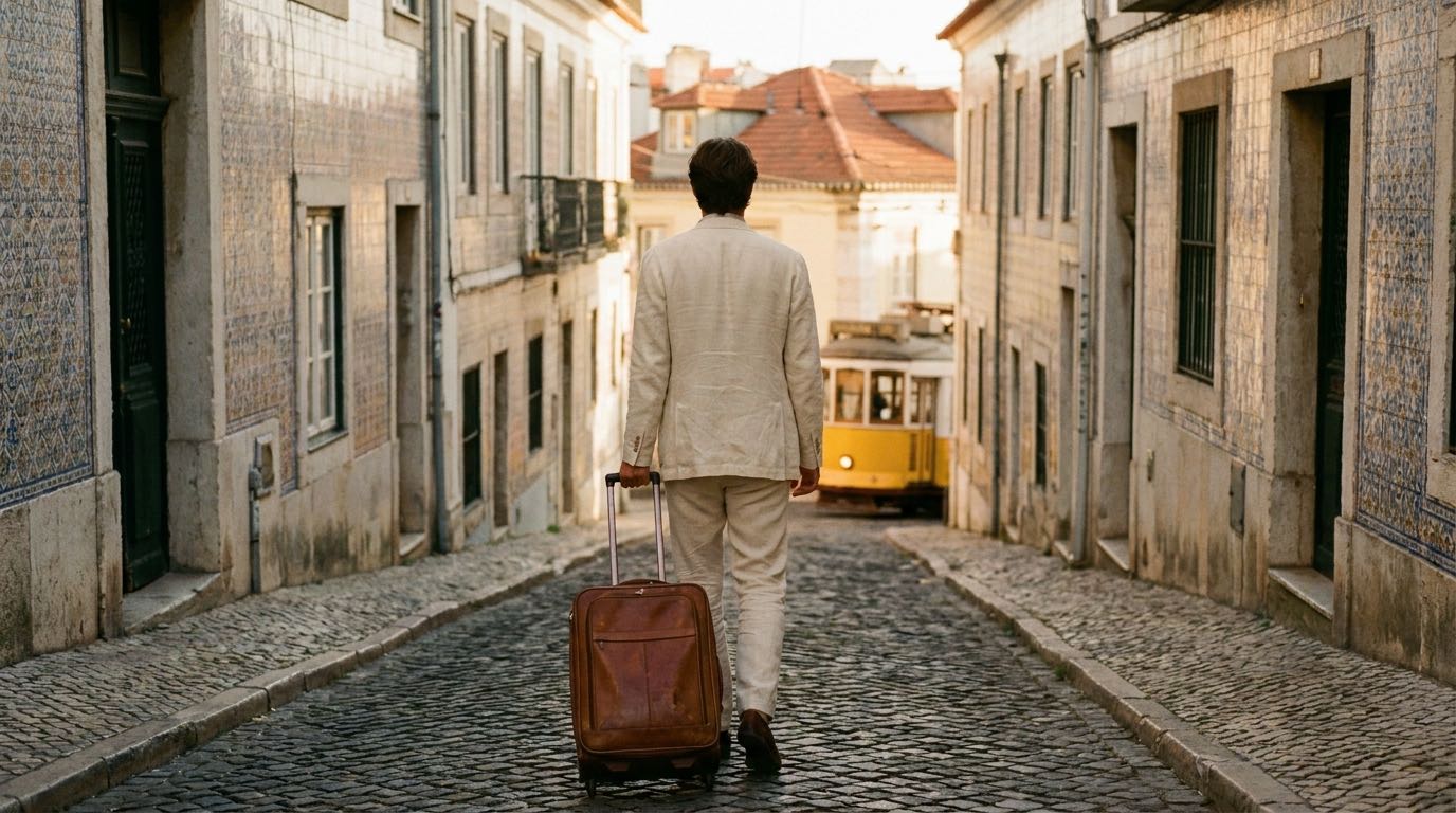 An anonymous traveller wheels a suitcase along a sunlit cobbled Lisbon street lined with pastel tiled facades at golden hour.