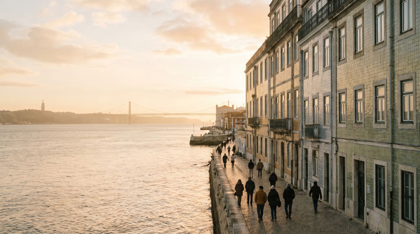 Lisbon waterfront at golden hour along the Tagus