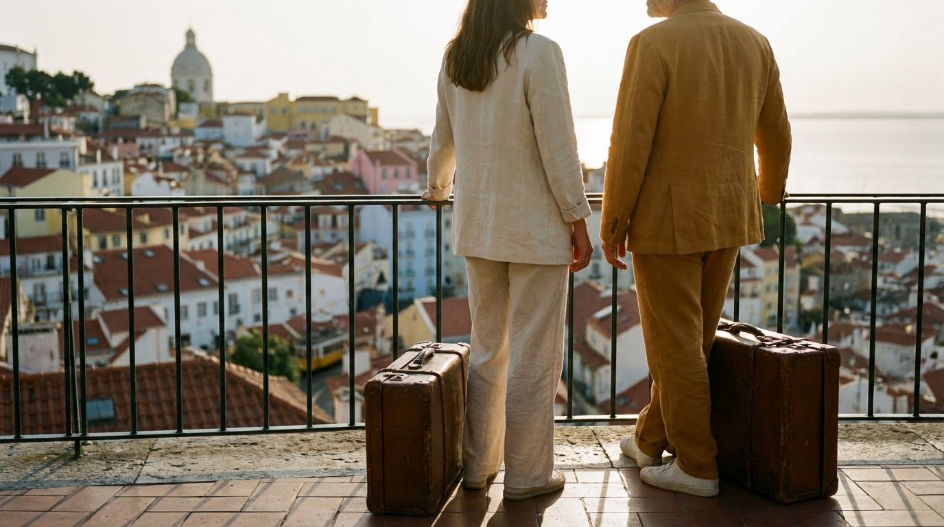 An anonymous American couple with luggage looks out over Lisbon's terracotta rooftops from a miradouro at golden hour.