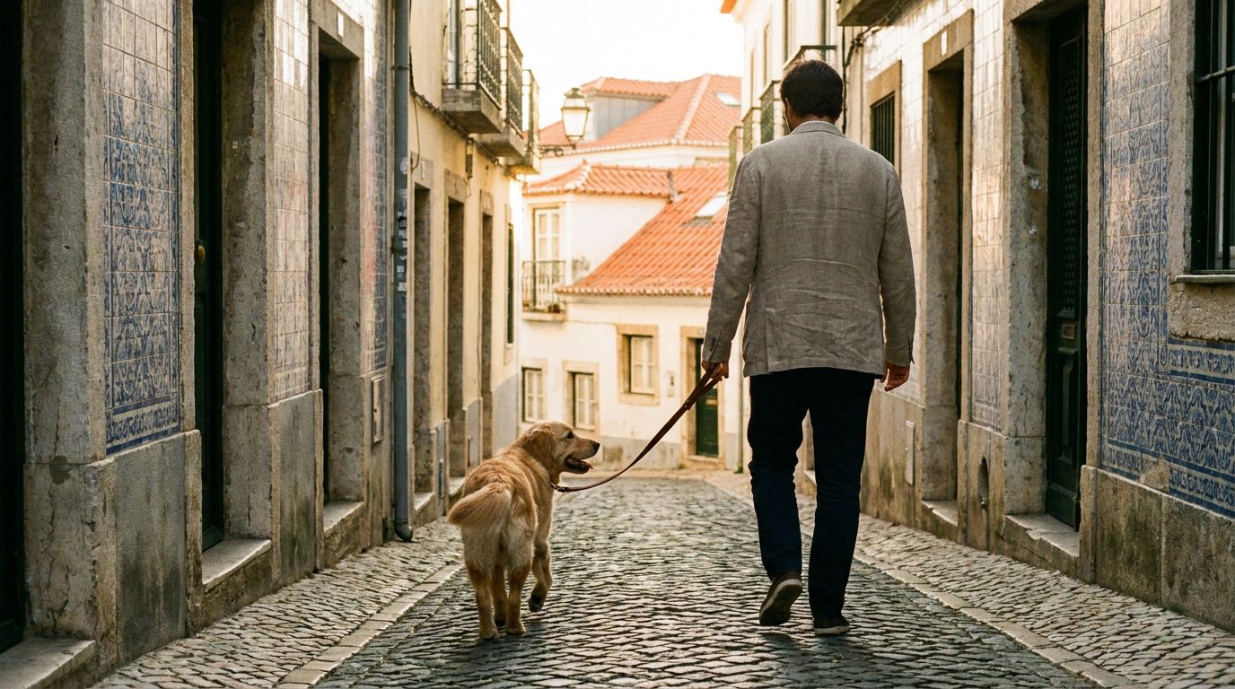 A dog on a lead walking through a Lisbon street with its owner