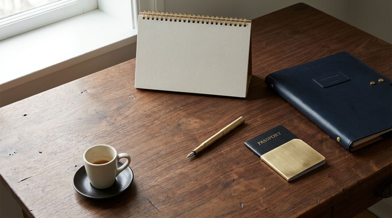 An overhead editorial still life of a wall calendar, a Portuguese residence application folder, and a passport on a walnut desk in soft Lisbon daylight.