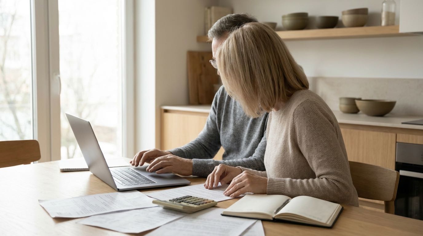 An anonymous couple at a kitchen table review relocation paperwork with a laptop, a calculator, and a notebook, soft daylight from a window.