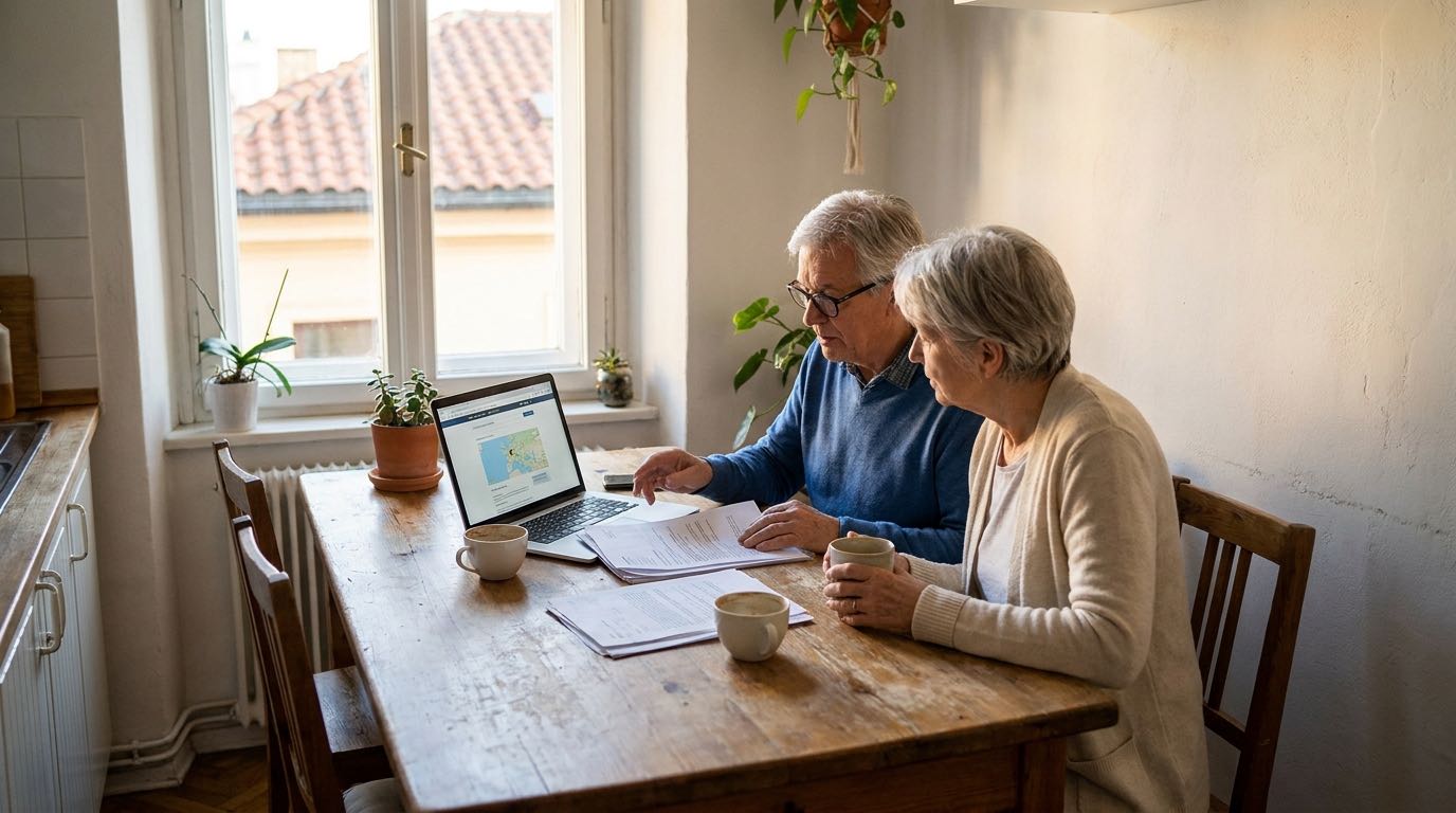 A retired couple at a sunny kitchen table in Portugal, reviewing residency paperwork and a laptop, warm morning light, no identifiable faces.