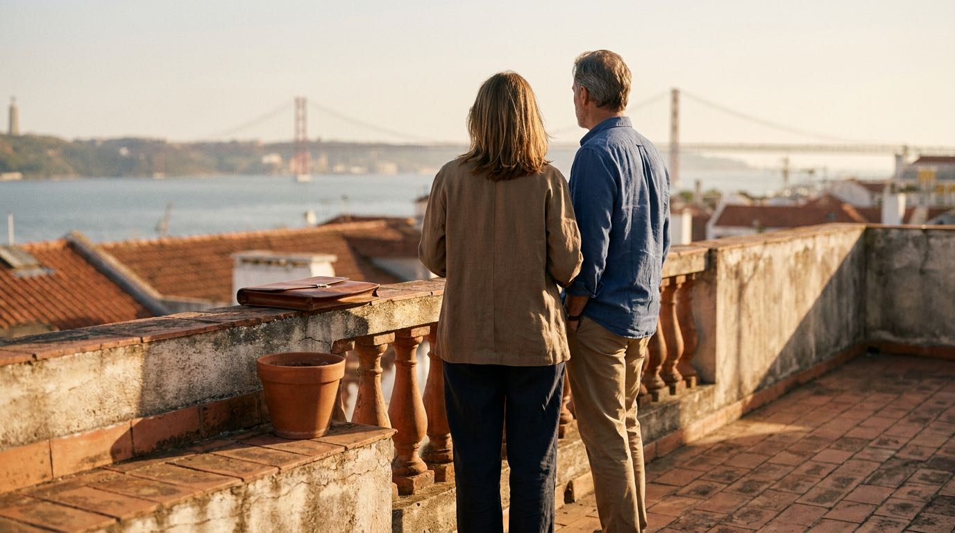 An anonymous couple stands on a sun-warmed Lisbon terrace at golden hour, looking out over terracotta rooftops toward the river, a residence folder resting on the balustrade beside them.