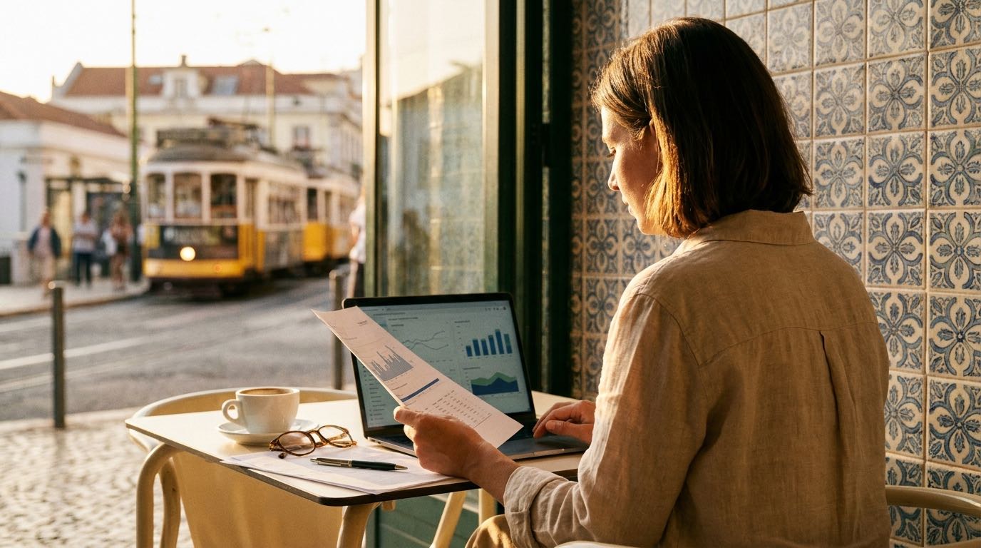 An anonymous remote worker reviews bank statements on a laptop at a sunlit Lisbon cafe table at golden hour.