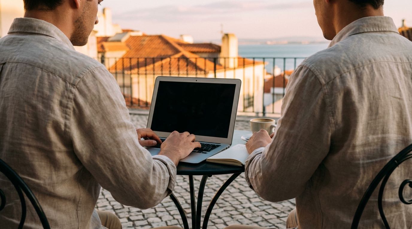 An anonymous remote worker types on a laptop at a Lisbon cafe table at golden hour, city rooftops behind.