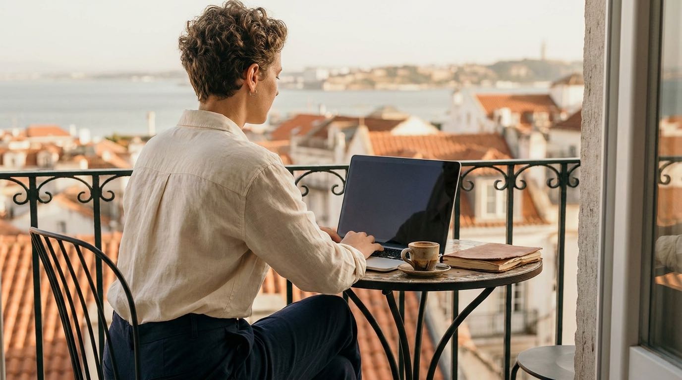 An anonymous remote worker sits with a laptop on a sunlit Lisbon balcony overlooking terracotta rooftops at golden hour.