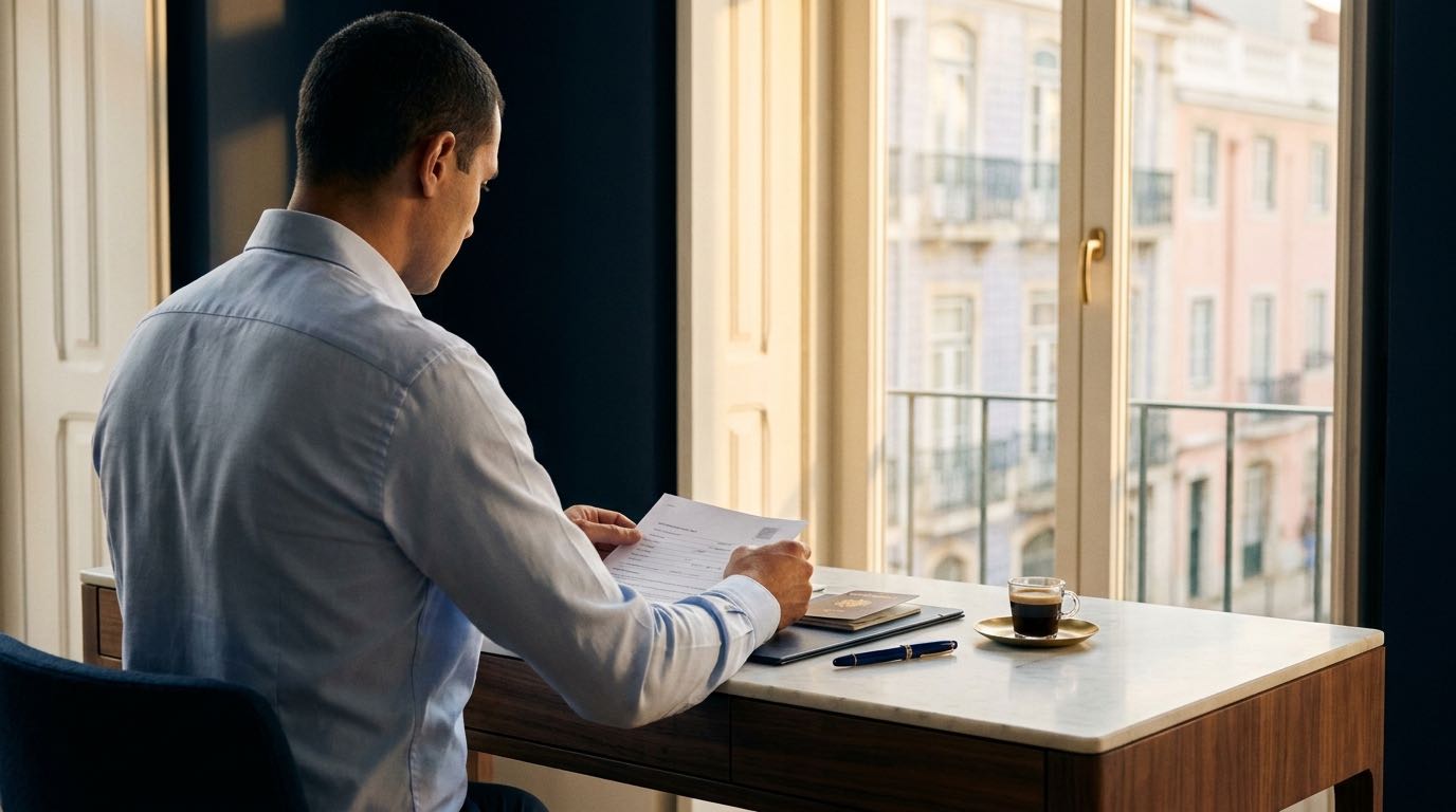 An applicant organises passports and printed documents at a laptop, with a Lisbon skyline through the window behind them.