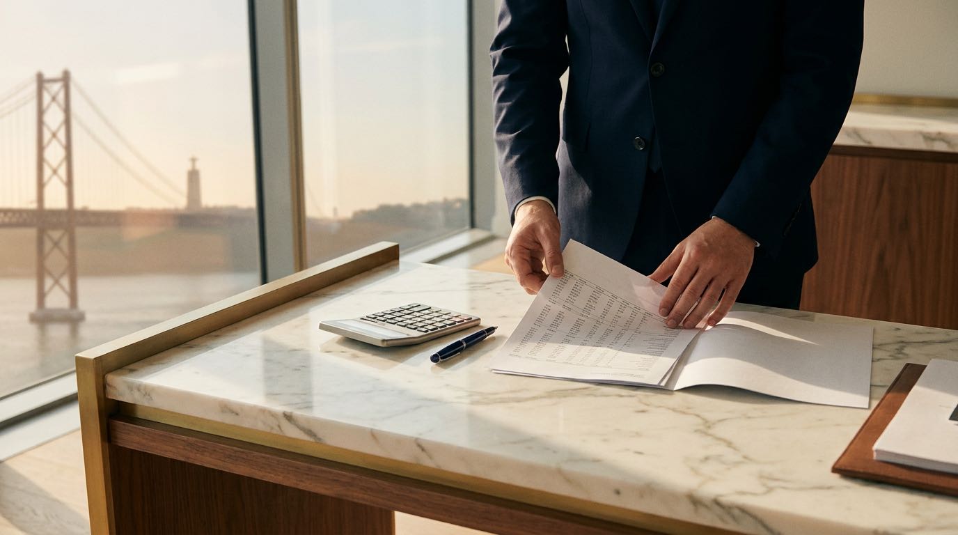 An anonymous investor at a desk reviews Golden Visa documents and a calculator, with a soft Lisbon skyline through the window.