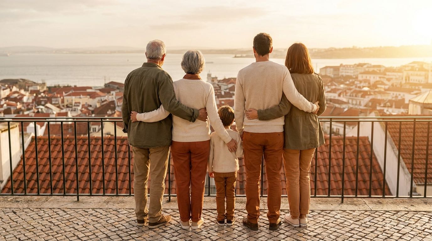 An anonymous multi-generational family stands together on a Lisbon overlook at golden hour, seen from behind.