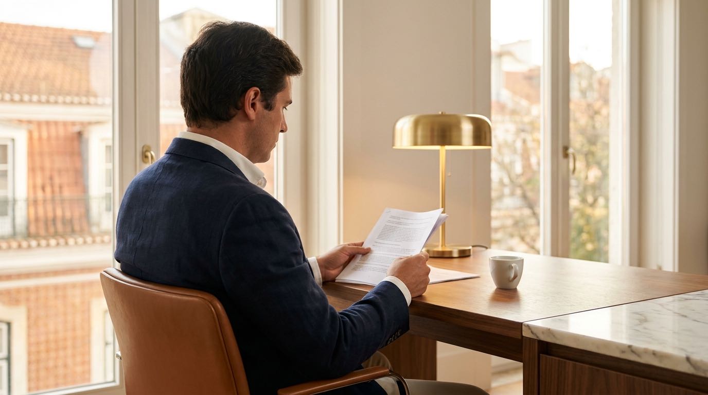 An anonymous investor reading printed fund documents at a desk in a calm, light-filled Lisbon office.