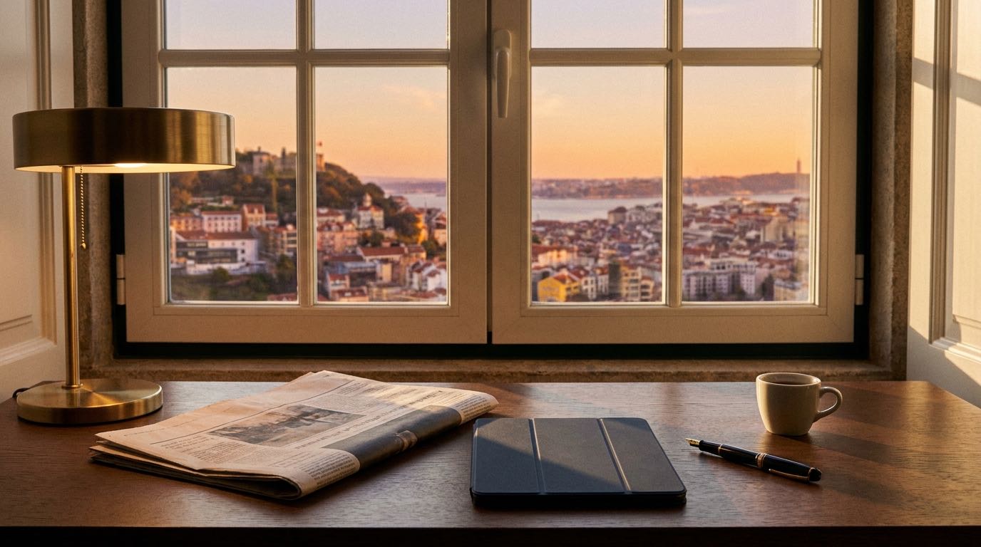 A calendar-of-changes desk scene in a Lisbon legal office, with a wall of dated notes and a river view behind.