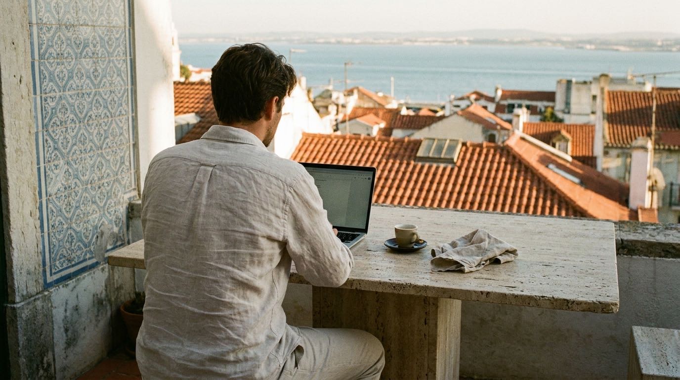 An anonymous person looking out over Lisbon rooftops and the Tagus river from a terrace at sunset