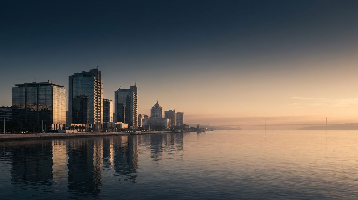 Lisbon skyline with an abstract data overlay representing Golden Visa statistics