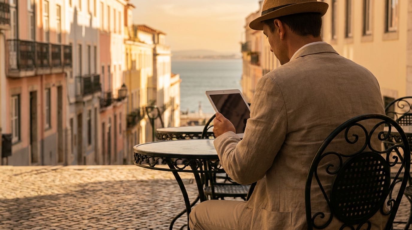 An anonymous investor reads on a tablet at a Lisbon cafe terrace overlooking the river at golden hour.