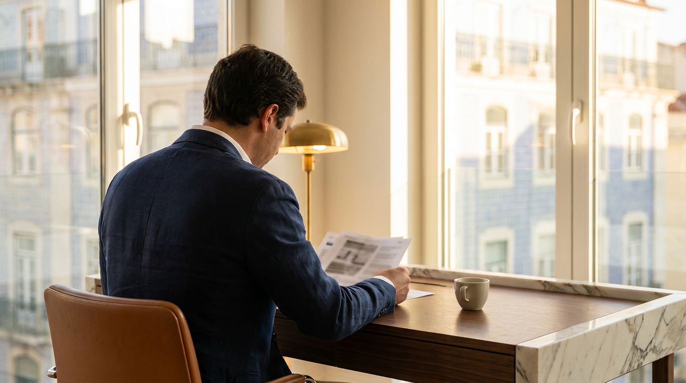 An anonymous investor reviews tax paperwork at a sunlit desk in a calm Lisbon office at golden hour.
