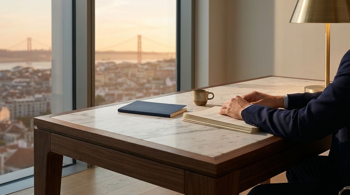 An anonymous investor weighs documents at a sunlit desk with a soft Lisbon skyline behind, deciding on the Portugal Golden Visa.