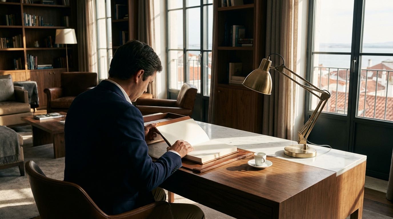 An anonymous investor stands on a Lisbon viewpoint at golden hour, a Portuguese residence card and passport resting on the railing in the foreground.