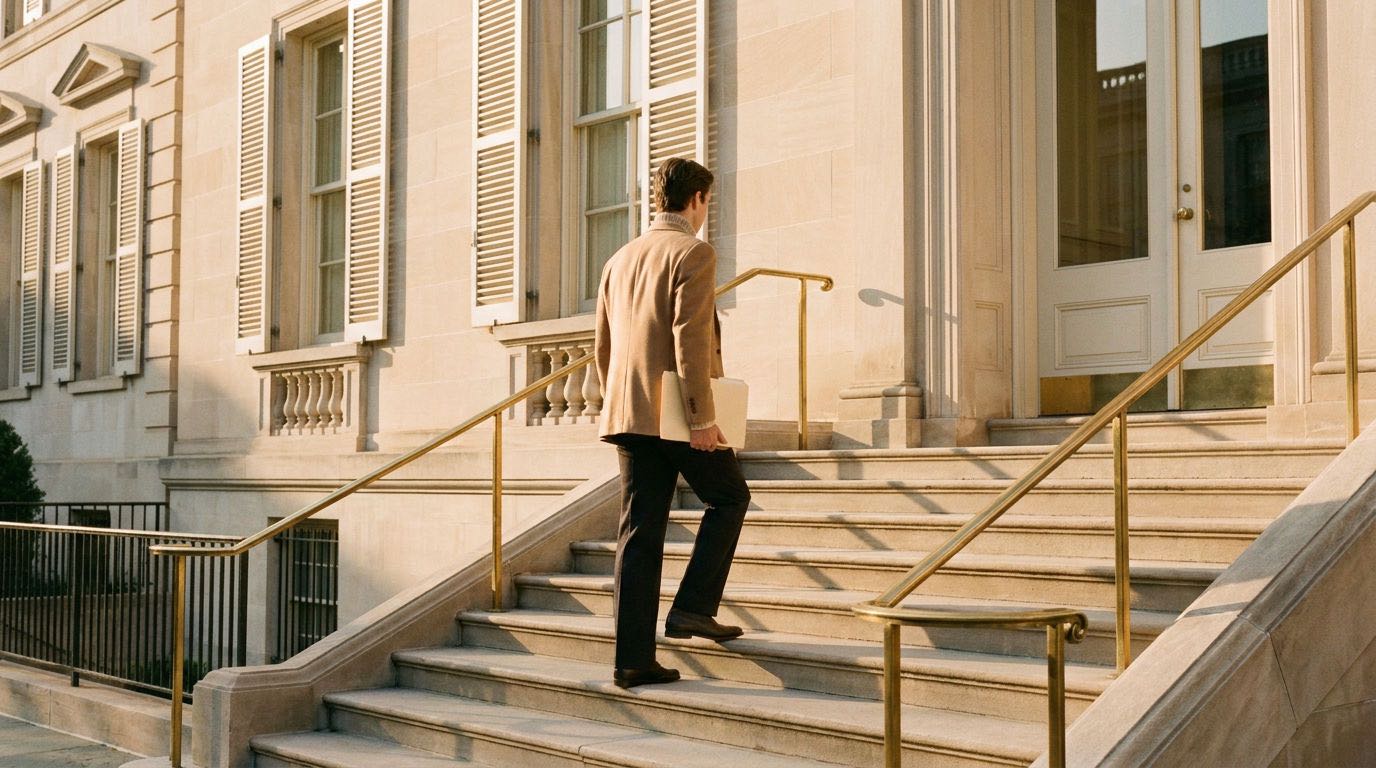 An anonymous visitor climbs the steps of a consular building at golden hour, a folder of documents under one arm.