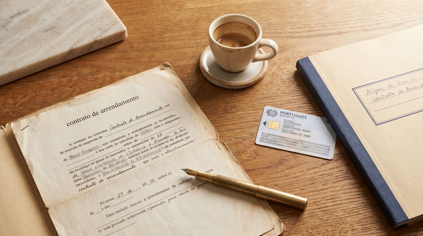 Overhead view of a Lisbon apartment desk with an open rental contract, NIF card, and a Portuguese visa application folder in soft daylight.