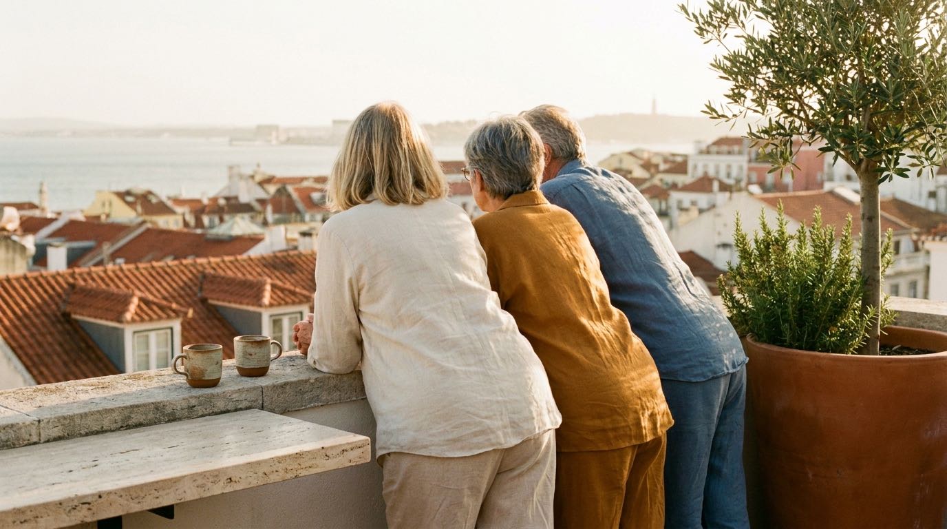 An anonymous retired couple looks out over Lisbon's terracotta rooftops from a stone terrace at golden hour.