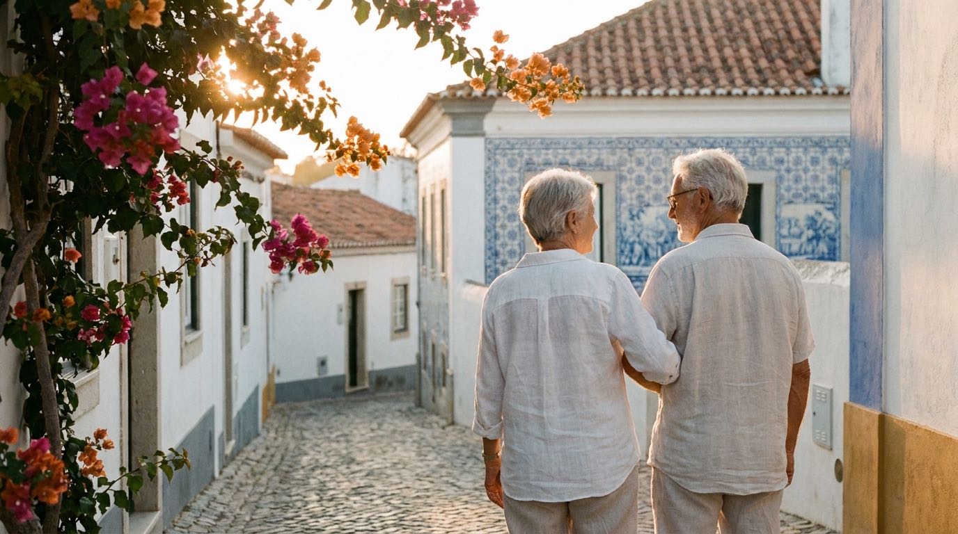 An anonymous retired couple walks a quiet cobbled street in an Algarve village at golden hour, whitewashed houses on either side.