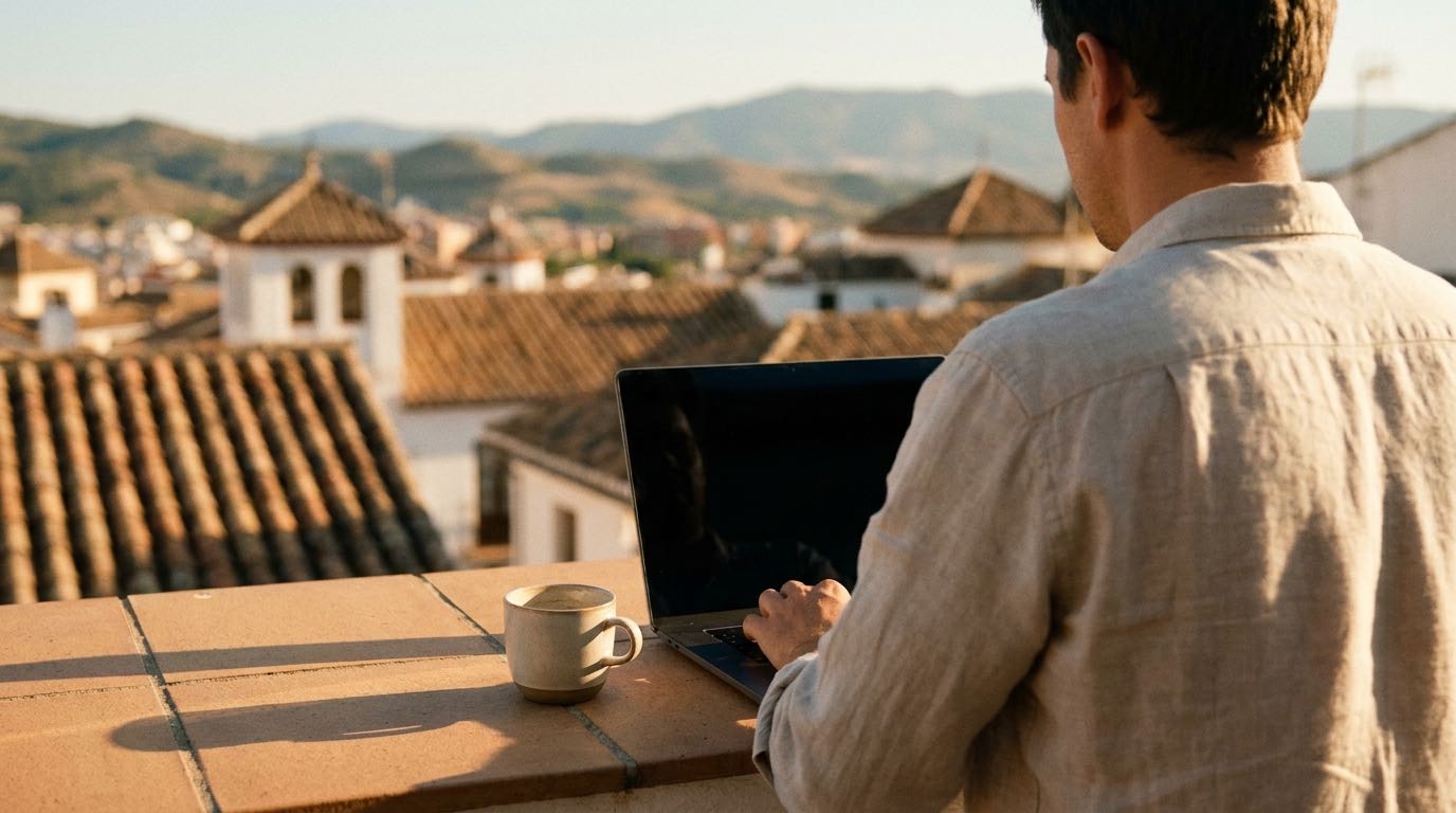 An anonymous remote worker with a laptop and coffee on a sunlit terrace, an Iberian rooftop skyline behind, at golden hour.