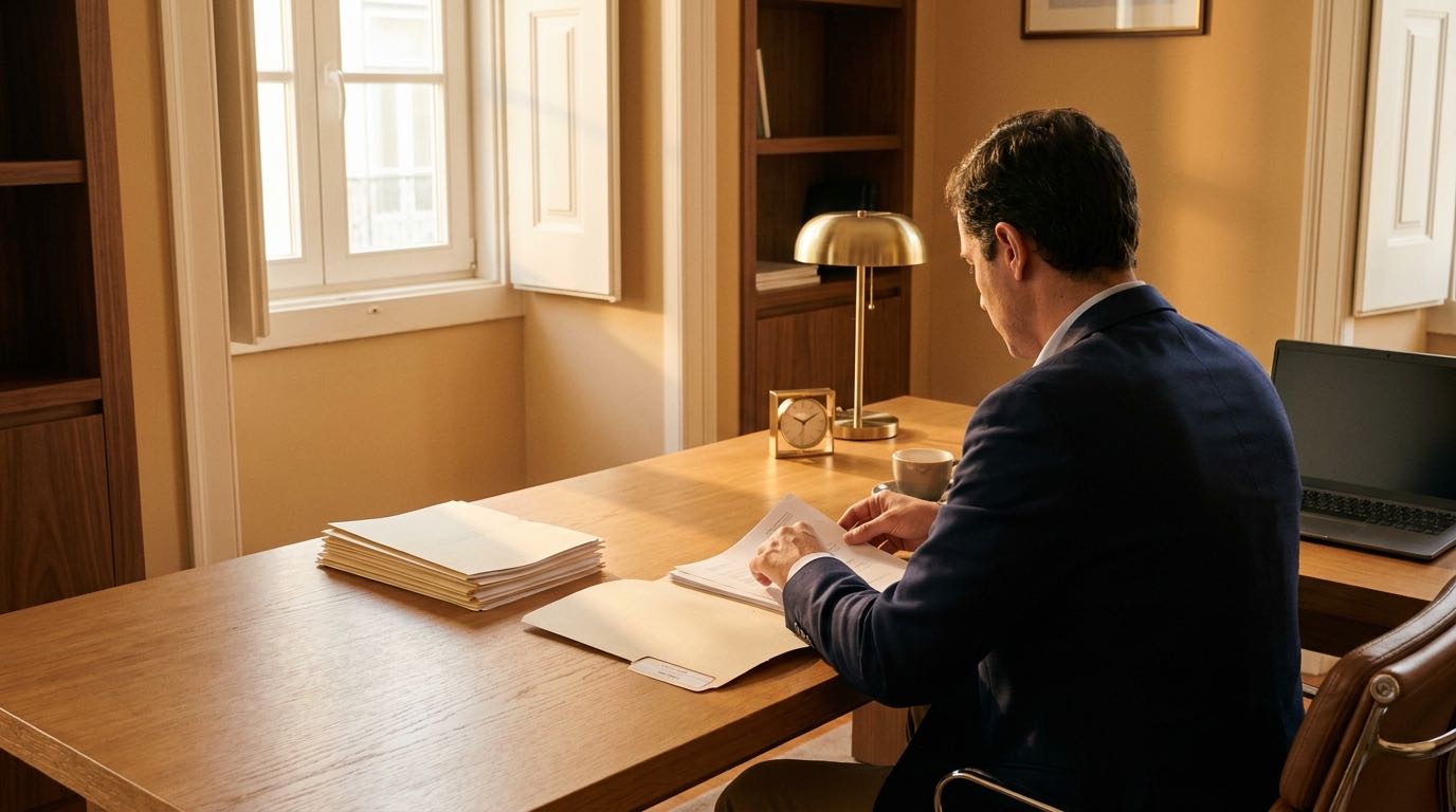An anonymous American applicant organizes certified documents into a labeled folder at a sunlit desk in a Lisbon office.